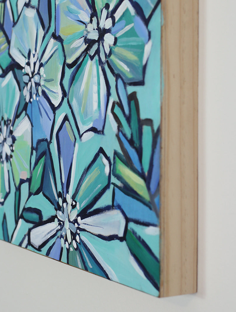 Floral Party in Blue and Green - Original Painting on Wood