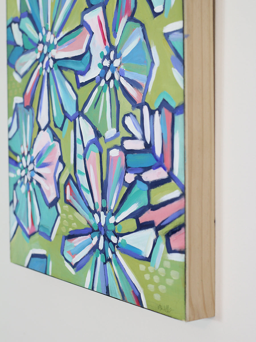Floral Party in Pink and Green - Original Painting on Wood