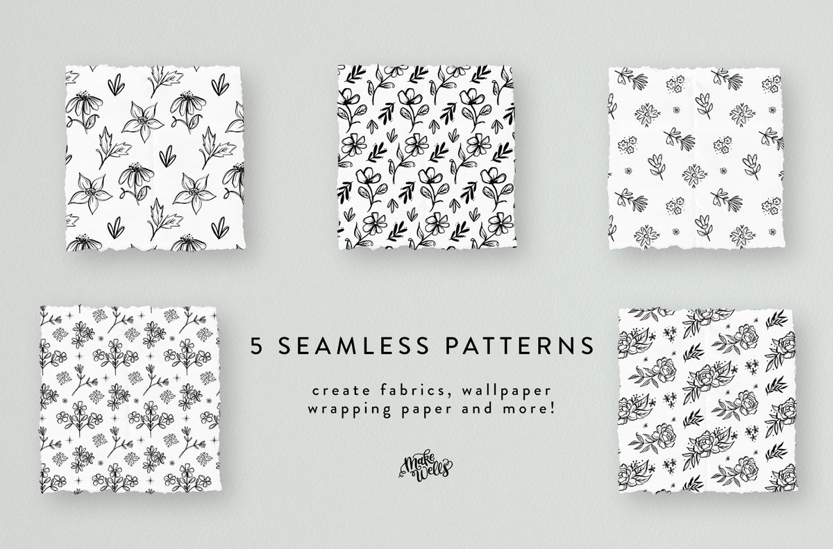 Whimsical Sketched Florals - Clipart and Patterns