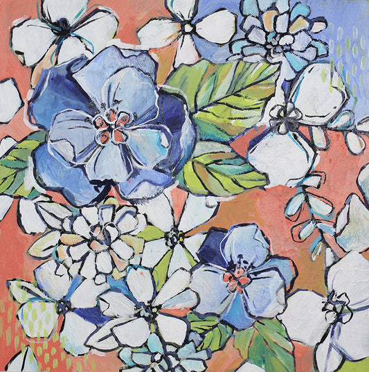 Floral Party in Orange - Original Painting on Wood