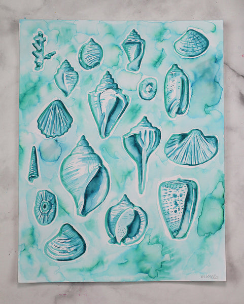 Washy Shells in Teal - 11" x 14"